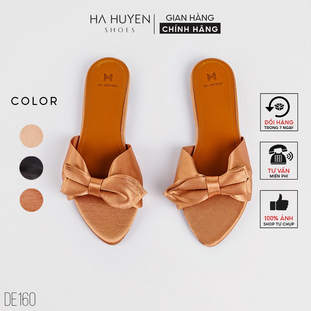 Dép thời trang nữ Hà Huyền Shoes thiết kế mũi nhọn hở ngón đính nơ lụa - DE160