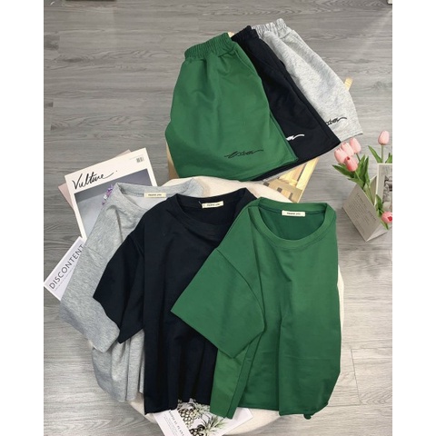 Set thun trơn croptop kèm short cộc nữ - Bộ áo phông form rộng cộc tay mix quần đùi suông trơn, style Ulzzang