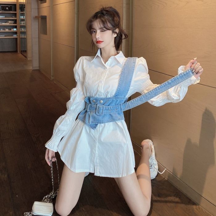 Set Áo Sơ Mi Dài Tay Kèm Váy Yếm Xinh Xắn Dành Cho Nữ