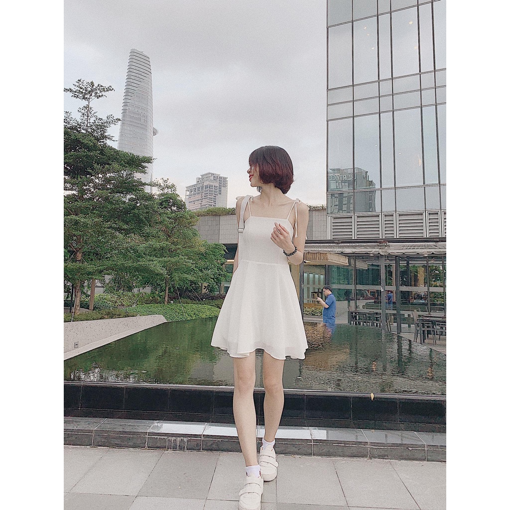 Đầm/Váy 2 Dây Thắt Nơ Vai Lưng Chun, Váy Xoè Hai Dây Chun Lưng