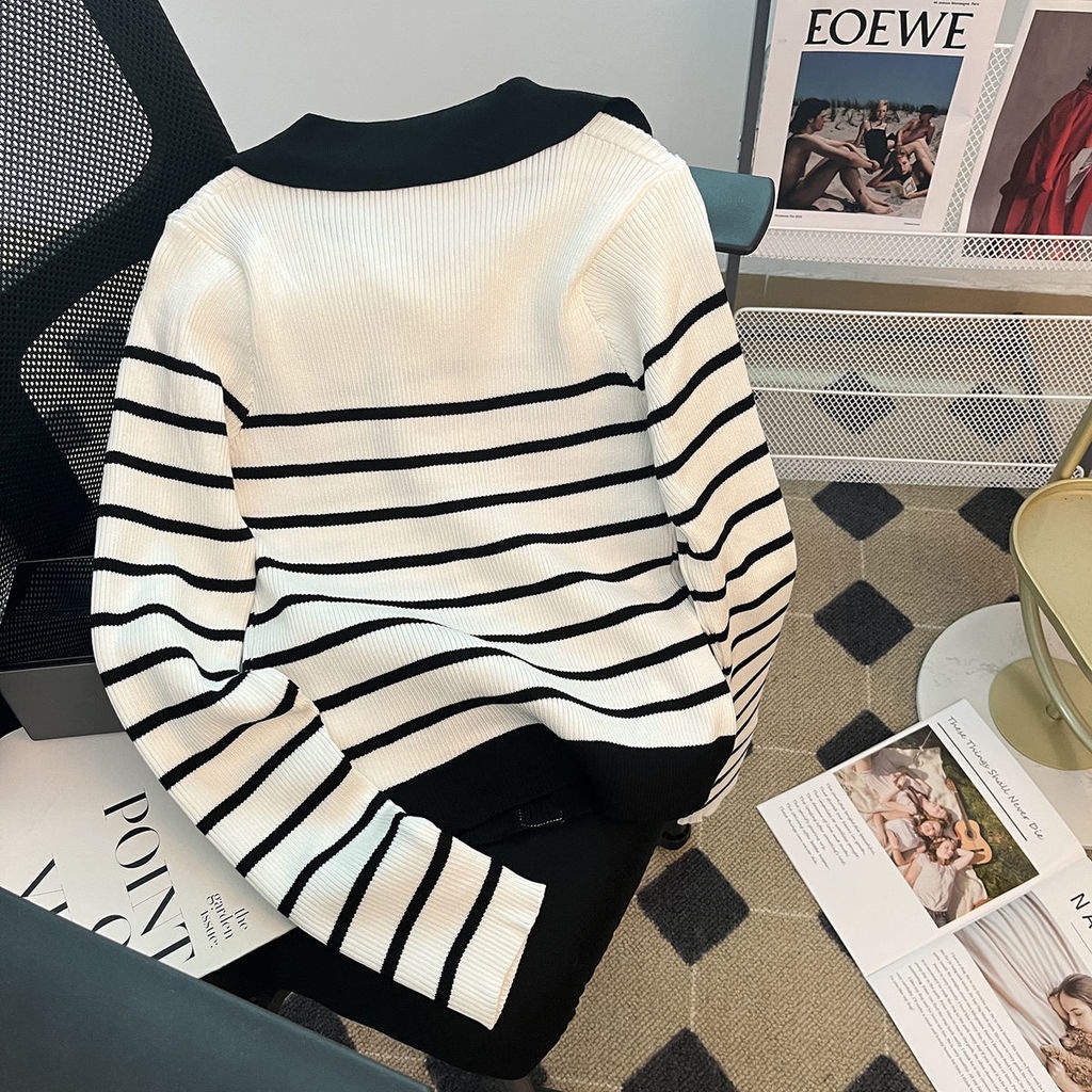 Áo Dệt Kim Tay Dài Cổ Chữ V Thắt Nơ Họa Tiết Kẻ Sọc Màu Sắc Thời Trang Mùa Thu Dành Cho Nữ
