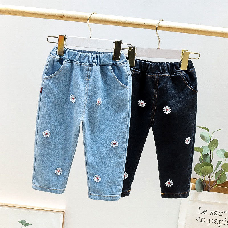 Quần Jeans Dài In Hoa Dễ Thương Cho Bé Gái