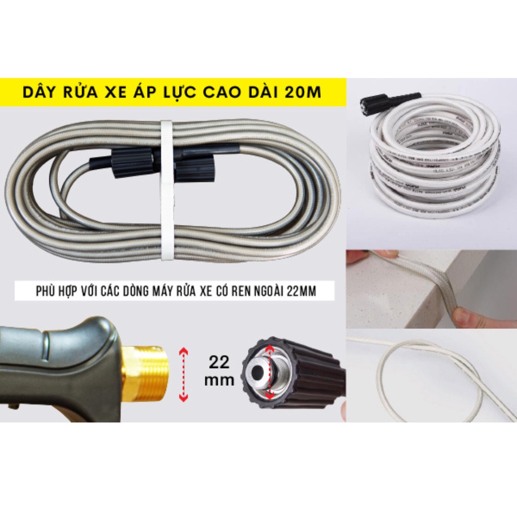 Dây nối đầu ra áp lực cao 20m máy xịt rửa xe cho không gian rộng, nguồn nước xa