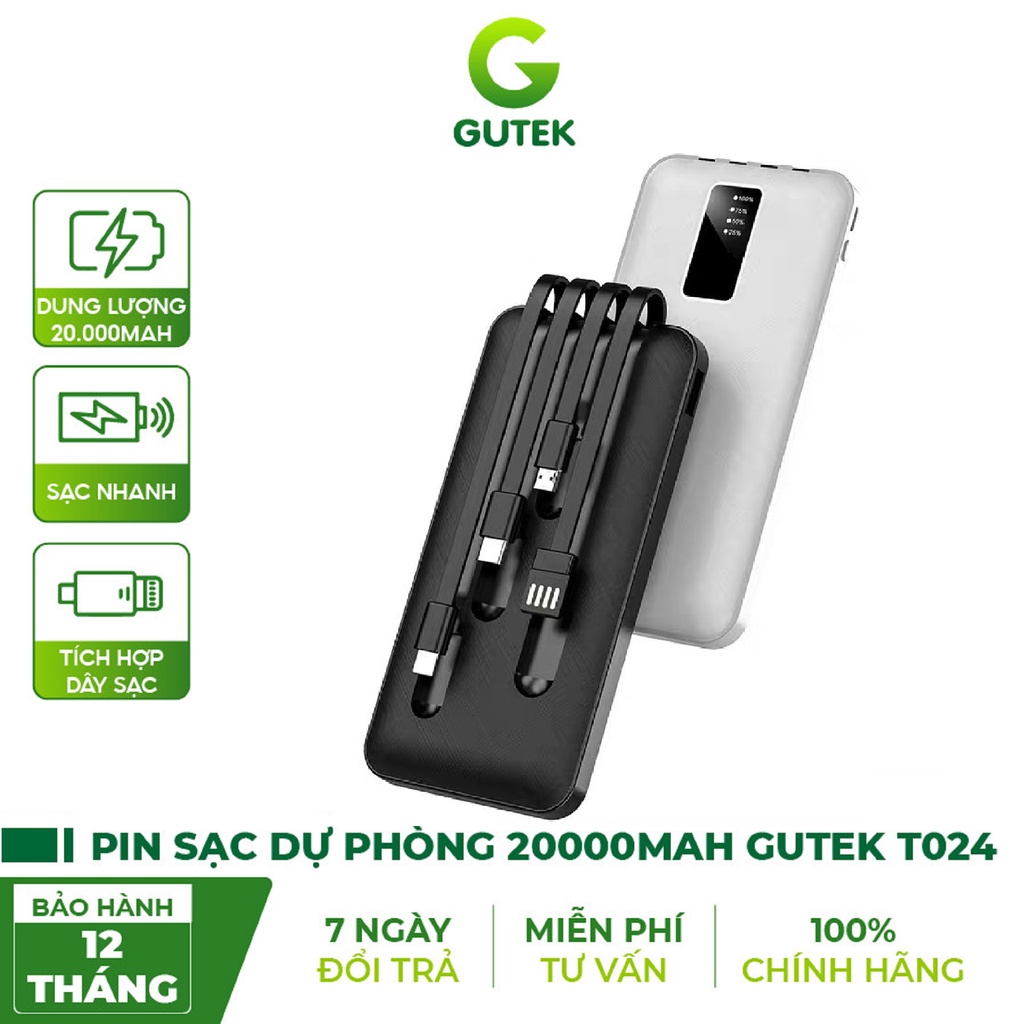 Pin Sạc dự phòng 20000mah có dây cắm iphone Android Type-c hỗ trợ sạc nhanh 2.1A – Gutek T024