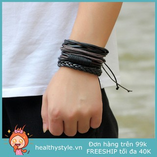 Bộ 4 cái vòng tay bện da nhiều lớp cổ điển cho nam