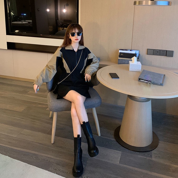 Đầm Tay Dài Dáng Ôm Màu Sắc Tương Phản Phong Cách Hàn Quốc Dành Cho Nữ