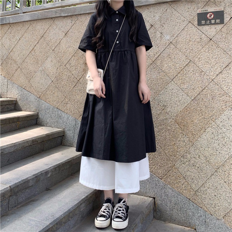 Váy xòe dài màu đen phối 2 tầng màu trắng style retro nữ sinh Hàn Quốc