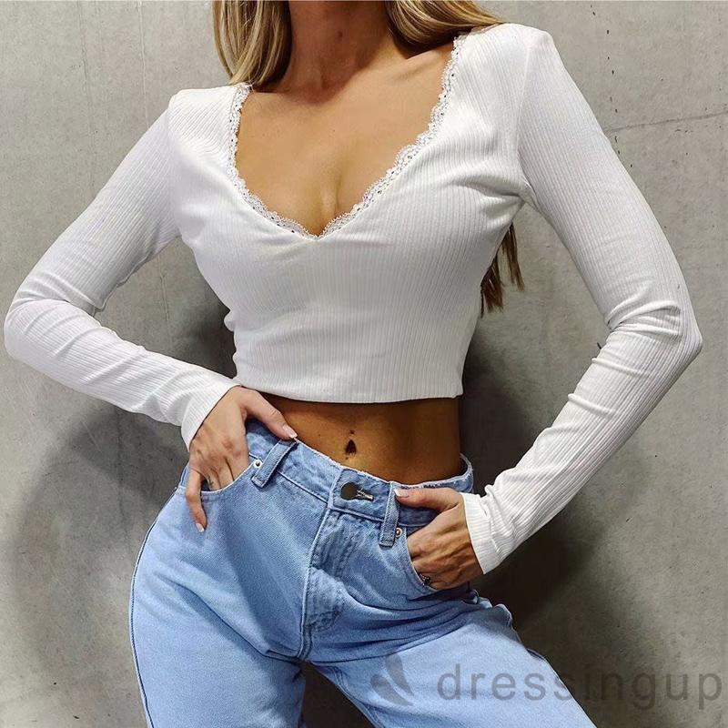 DRESSINGUP-Áo croptop hở lưng tay dài dáng ôm gợi cảm