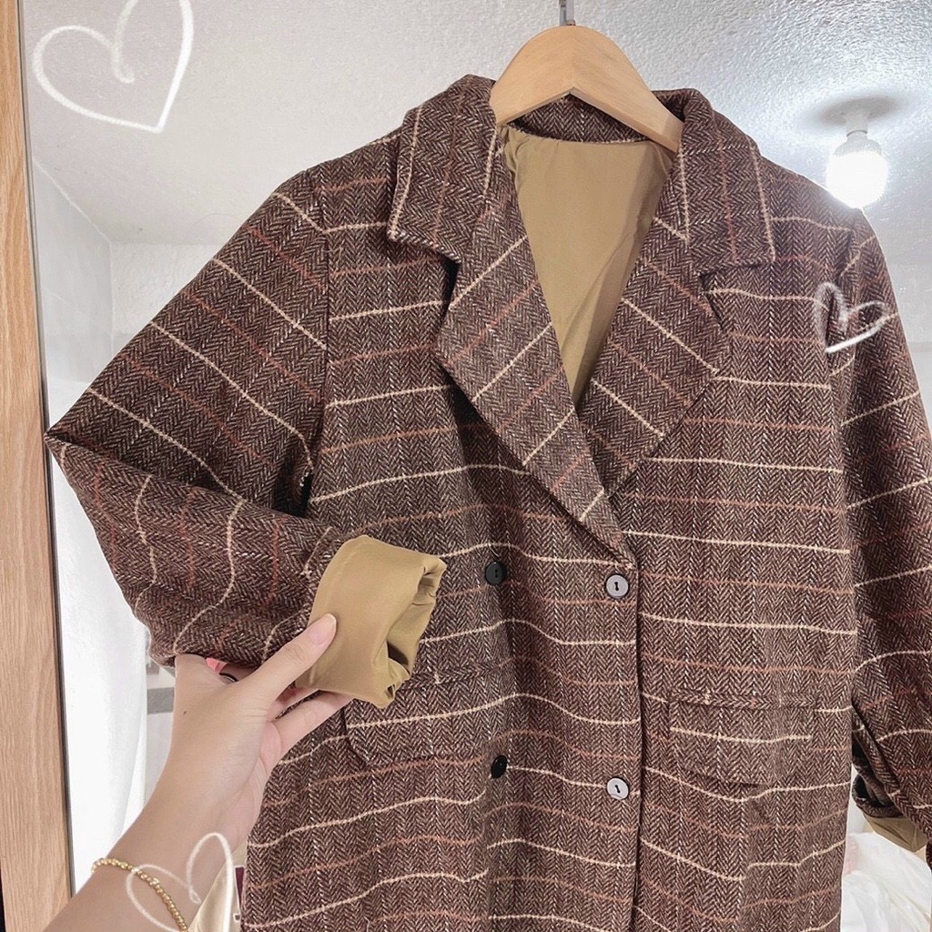Áo blazer 2 lớp kẻ sọc nâu dài tay phong cách Hàn Quốc