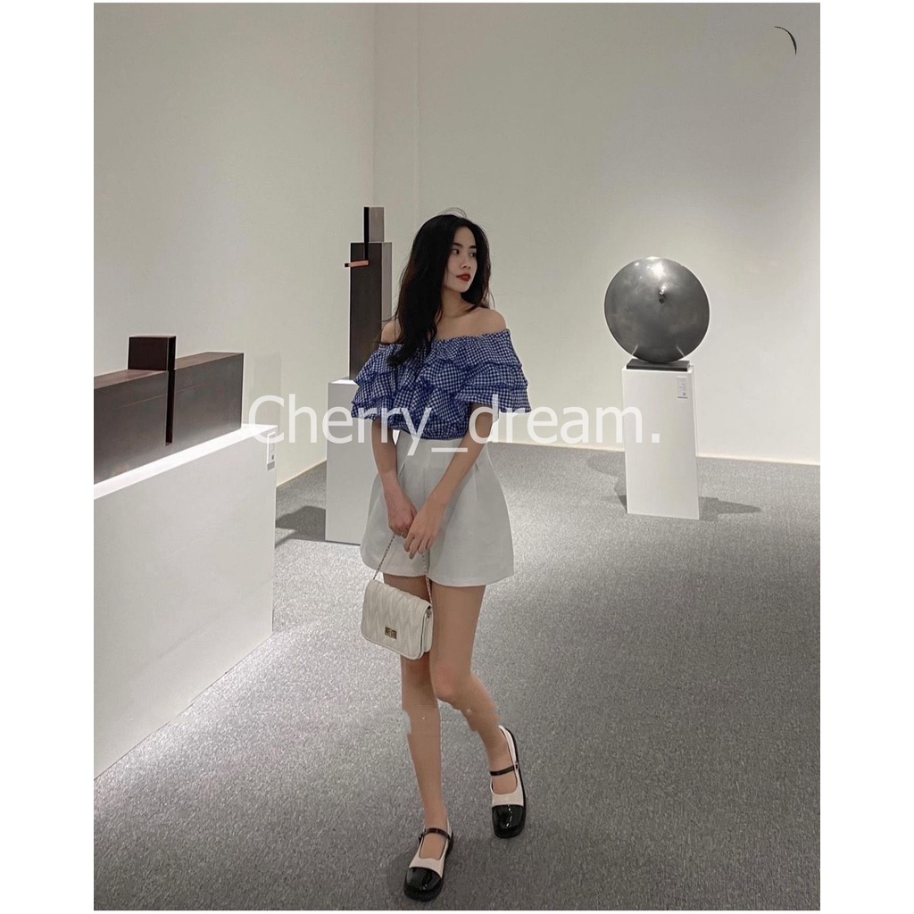 Áo trễ vai tầng dáng croptop kẻ caro, Áo kiểu nữ chất đũi