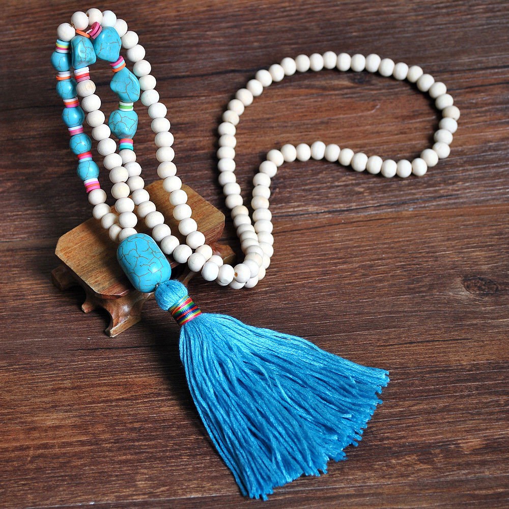Phụ kiện đi biển vòng cổ dáng dài phối tua rua và hạt gỗ phong cách Vintage