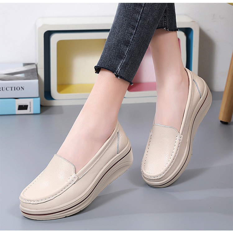 Giày nữ da bò thật HT.NeO , Giày nữ da trơn đế bằng tăng chiều cao 5cm dáng thể thao êm mềm phong cách 4 màu 5058