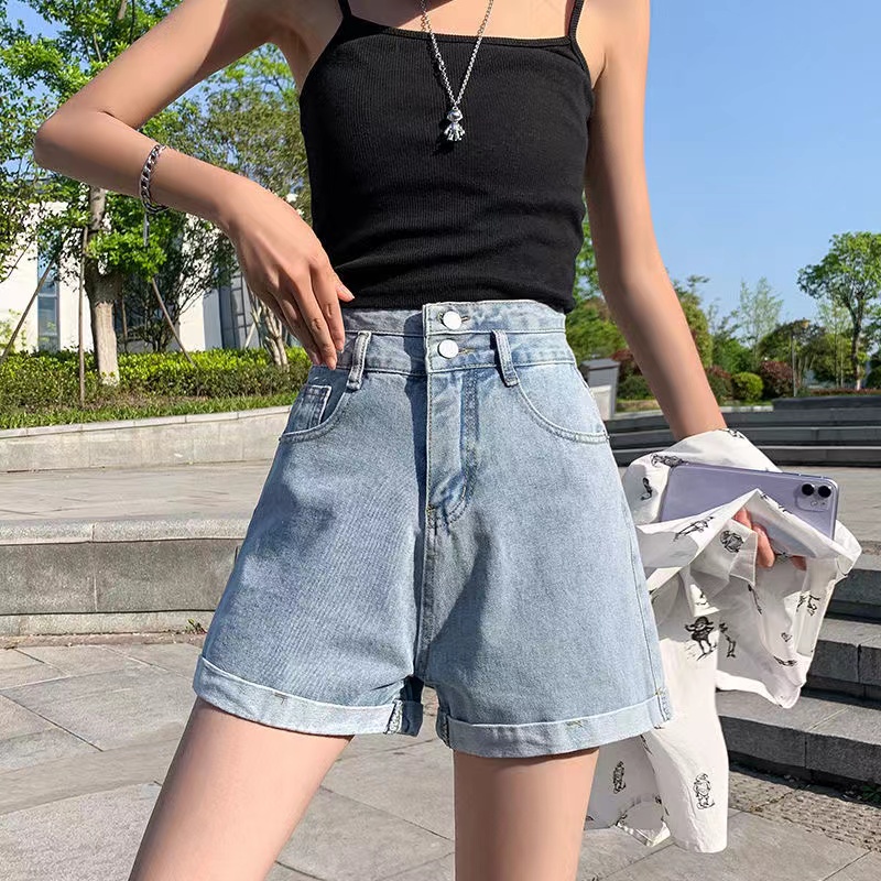 Quần Short Denim Màu Trơn Lưng Cao Dáng Ôm Thời Trang Hàn Quốc Cho Nữ