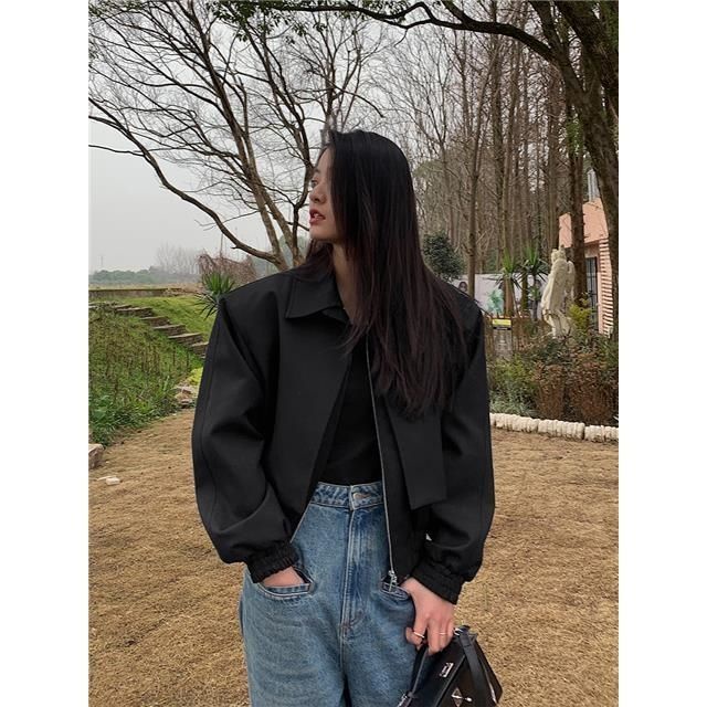 ✖Ruobi Áo Khoác Dáng Rộng Màu Đen Giả Hai Lớp Phong Cách Retro Mùa Xuân Dễ Phối Đồ Dành Cho Nam Nữ