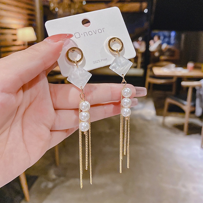 Bông Tai Mạ Bạc 925 Đính Ngọc Trai Tua Rua Dài 2022 Kiểu Mới Phong Cách Hàn Quốc