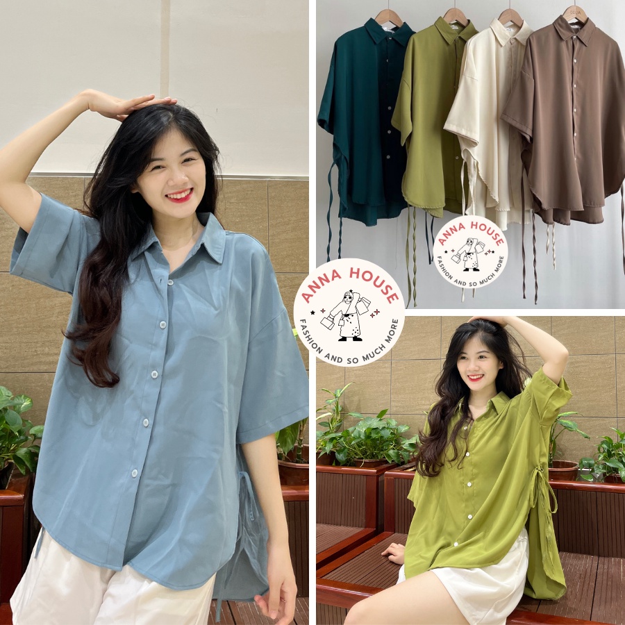 Áo sơ mi nữ tay ngắn dáng rộng màu trơn buộc nơ 2 bên hông vạt bầu, Áo sơ mi nữ cộc tay buộc nơ eo form rộng đuôi tôm