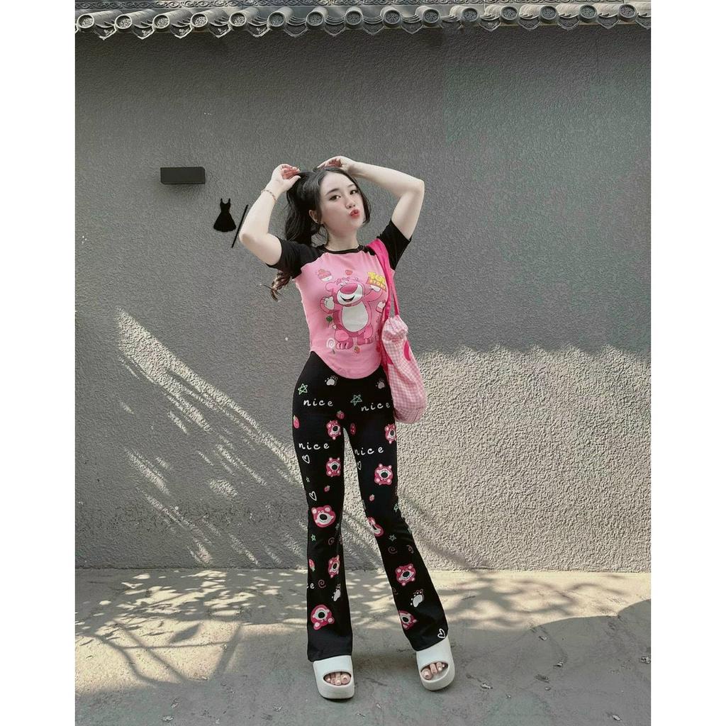 Đồ Bộ Thun ống Loe Aó Tay Ngắn Phối Màu,Bộ Thun Gân In Hình Siêu Cute,Sét Bộ Lai Bầu Dễ Thương mặc Tôn Dáng