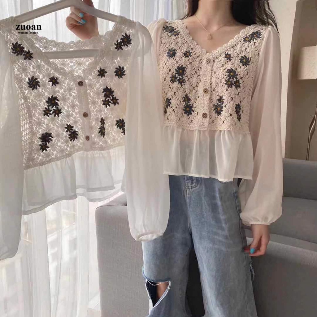 SUXI Áo sơ mi voan cổ tim thêu họa tiết hoa cúc thanh lịch thời trang cho nữ