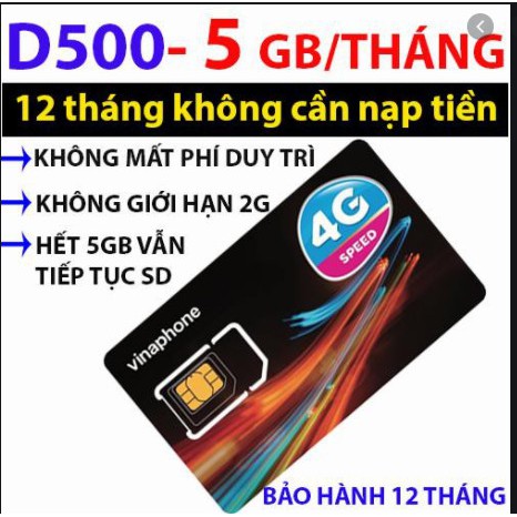 Sim 4g vina D500 miễn phí 1 năm. Truy cập thả ga.