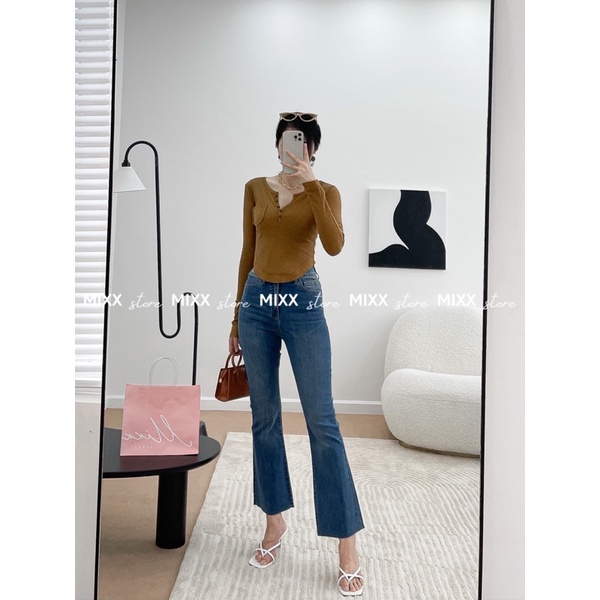 Quần Jean Nữ ống Loe đai lệch lưng cạp cao chất jean dày dặn co giãn thoải mái phom 9 tấc tôn dáng