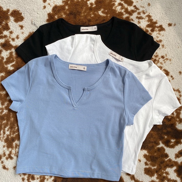 Áo croptop cổ tròn khoét V cộc tay thun Mia Ritta A2075 Ảnh thật