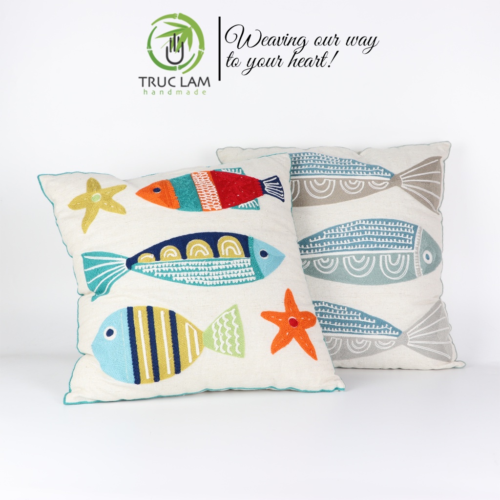 Gối/Vỏ Gối Vuông Tựa Lưng Sofa(45x45) Trang Trí Phòng Vải Linen Thêu Thủ Công Hình Con Cá Và Sao Biển- Trúc Lâm Handmade
