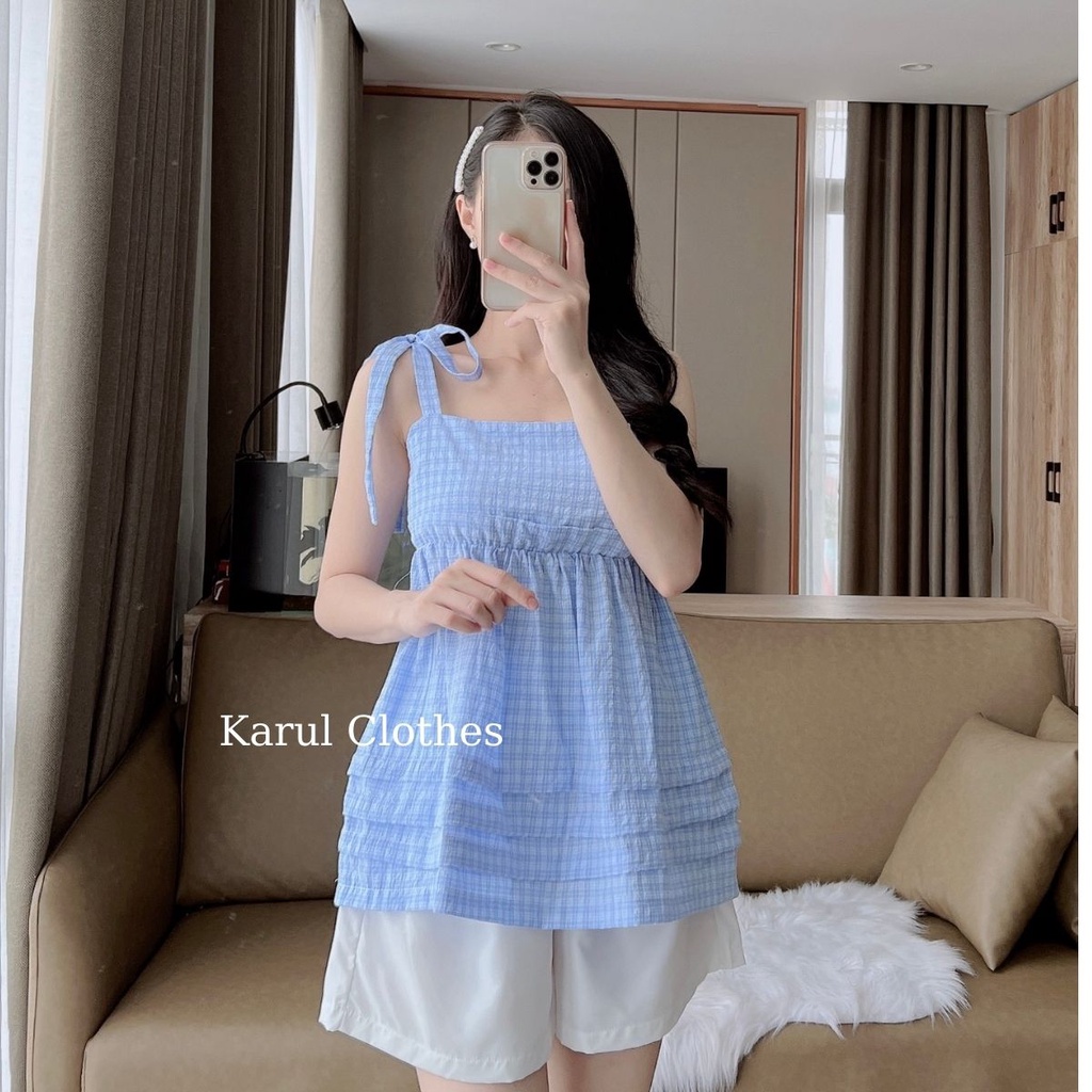 Set áo hai dây buộc nơ xốp trơn 4 màu cùng quần short trắng ngây thơ