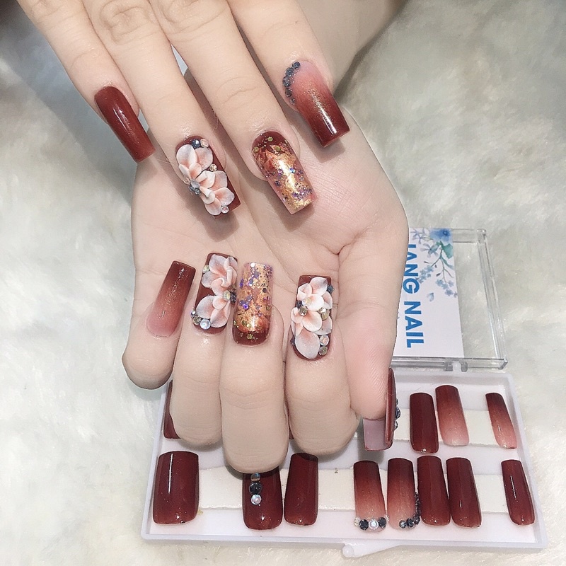 Nailbox Bộ 24 móng úp tay thiết kế sẵn màu nâu đỏ phối nhũ ánh vàng sang chảnh + keo, dũa