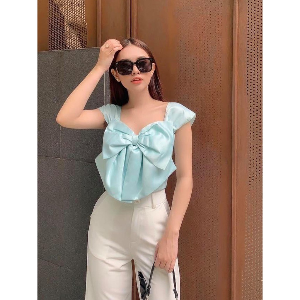 Áo croptop cổ vuông cột nơ ngực
