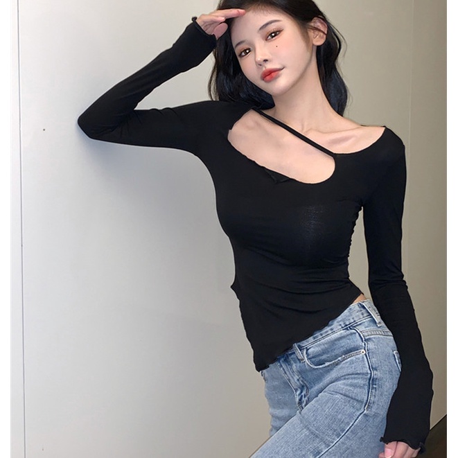 WANG JIAO ZHAN Áo thun tay dài màu trơn ôm dáng thiết kế độc đáo
