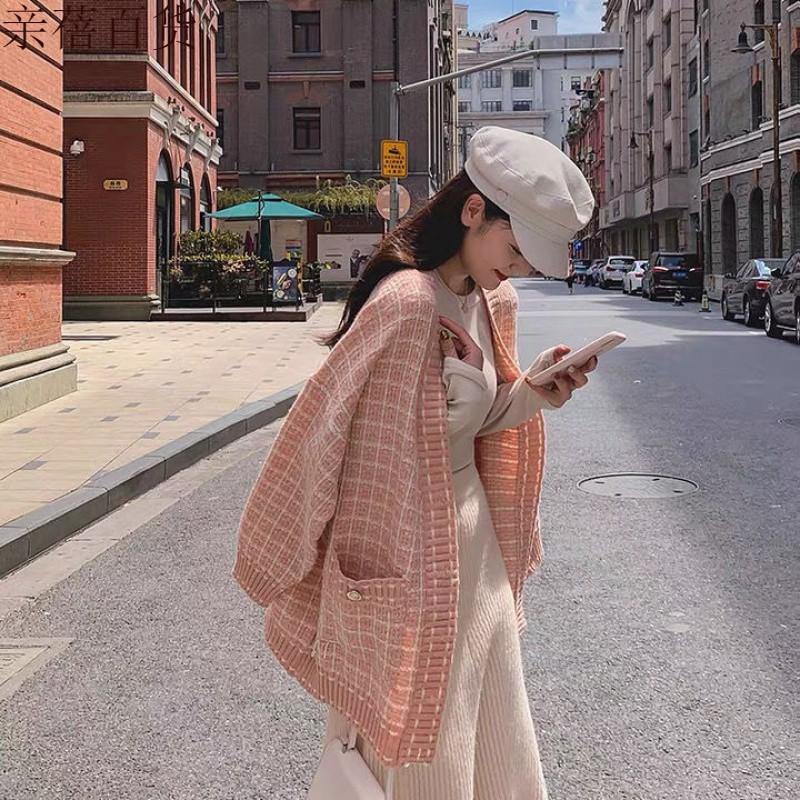 Hàng Sẵn_Áo khoác len dệt kim sọc ca rô áo len phong cách retro Hồng Kong
