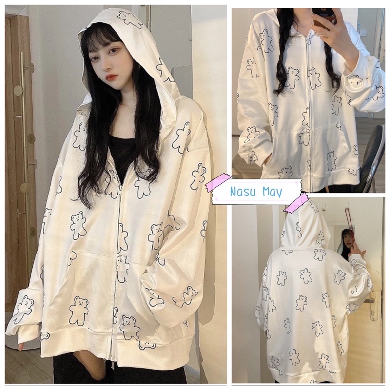 Áo Khoác, Áo Hoodie Nữ Gấu Trắng Form Rộng Chất Nỉ Khoá kéo kèm mũ