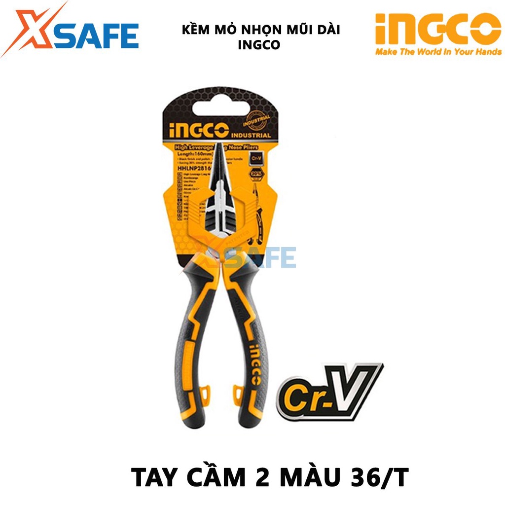 Kìm mũi nhọn mỏ dài INGCO Kìm công nghiệp chất liệu thép CR-V, đen bóng, tay cầm hai màu, tiết kiệm 30% sức - [XSAFE]