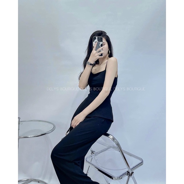 Set thun gân áo 2 dây ôm body kèm quần suông dài ống loe đen/kem nude, bộ hot girl sang trọng/chảnh quý phái tôn dáng