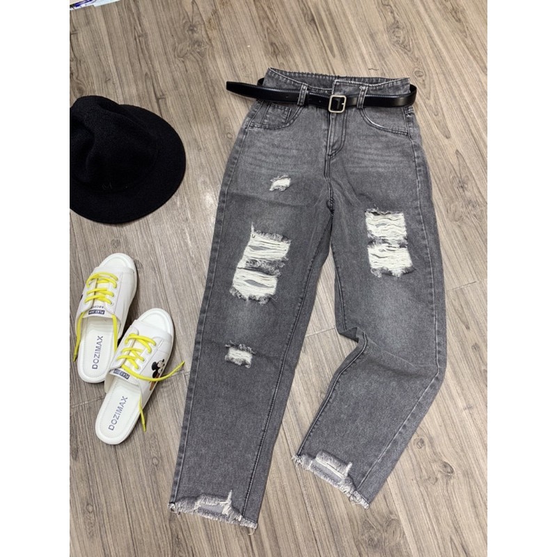 Quần baggy bò Xanh/ khói rách lưng cao