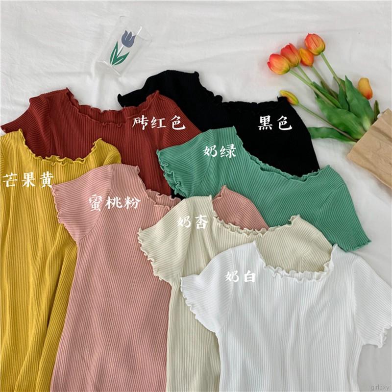 Áo Croptop Dệt Kim Tay Ngắn Phối Bèo Phong Cách Hàn Quốc