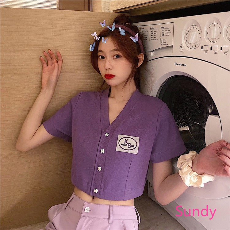 Áo Croptop Màu Trơn Cổ Chữ V Thời Trang Mùa Hè Ngọt Ngào Cho Nữ