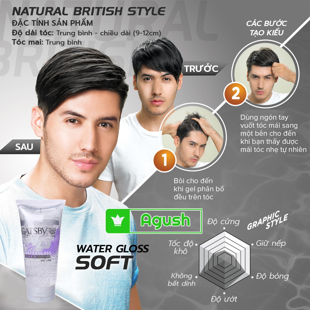 Gel tạo hình tóc mềm Gatsby water gloss Soft Level 2 170g (Indonesia)
