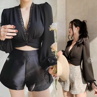 Áo voan phối ren cột eo