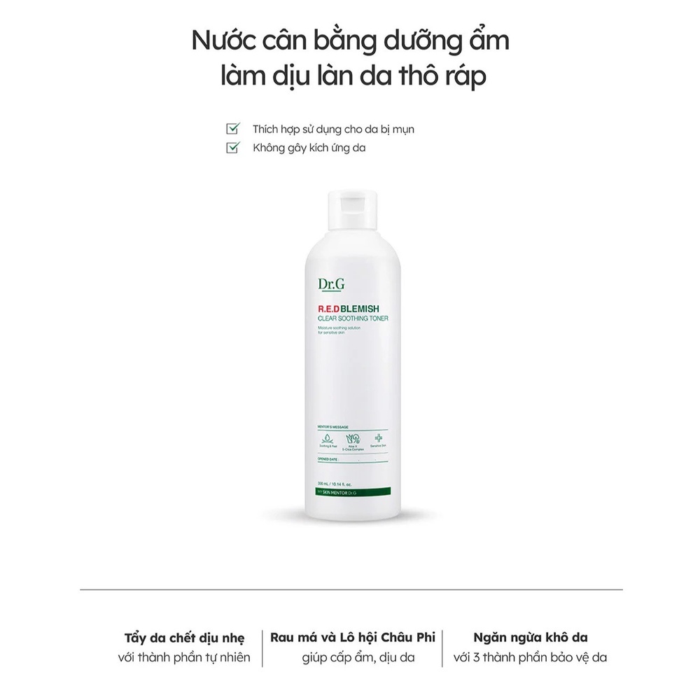 Nước Hoa Hồng AHA-BHA Loại Bỏ Tế Bào Chết và Dưỡng Ẩm Sâu Dr.G R.E.D Blemish Clear Soothing Toner 300ml
