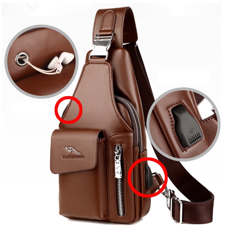 Túi Đeo Chéo Nam Thời Trang Hàn Quốc 5802 Da Pu Cao Cấp Bền Đẹp Chống Nước Có Cổng USB Lỗ Tai Nghe Nhiều Ngăn Tiện Lợi