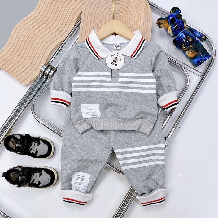 Bộ quần áo bé trai, Set phông nỉ 4 vạch kẻ ngang gồm áo polo dài tay và quần dài jogger cho bé 7-18 kg, SUN KID'S