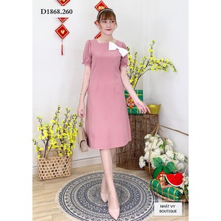 Đầm Dự Tiệc NHẬT VY Cổ Vuông Tay Nhún Kèm Nơ Màu Đỏ, Hồng - D1868