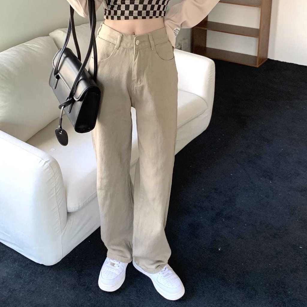 Quần jean nữ màu nâu sữa lưng cạp cao ống suông dài phom rộng chất đẹp loại 1 phong cách Ulzzang đi học đi làm đi chơi | BigBuy360 - bigbuy360.vn