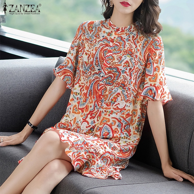 Đầm midi Zanzea tay ngắn cổ đứng phối bèo phong cách Hàn Quốc thời trang cho nữ