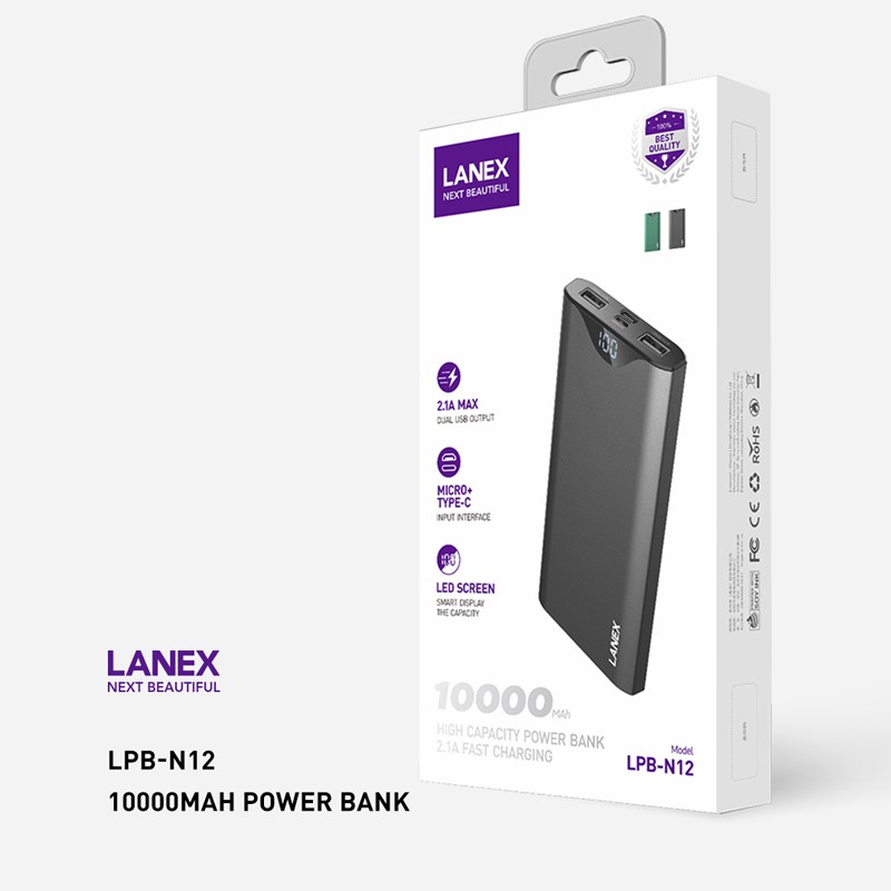 Pin dự phòng Lanex LPB-N12 2 cổng USB 2.1A, 10000mah, màn hình led, tương thích nhiều thiết bị