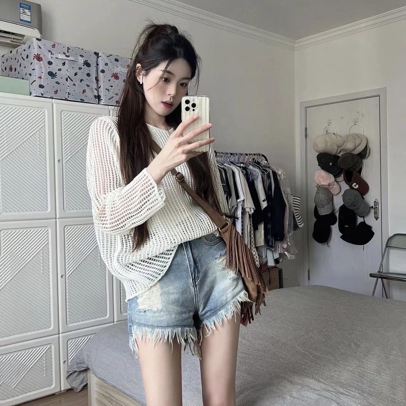 ÁO TAY DÀI LƯỚI TRẮNG HOT TREND [ Hàng Có Sẵn ]