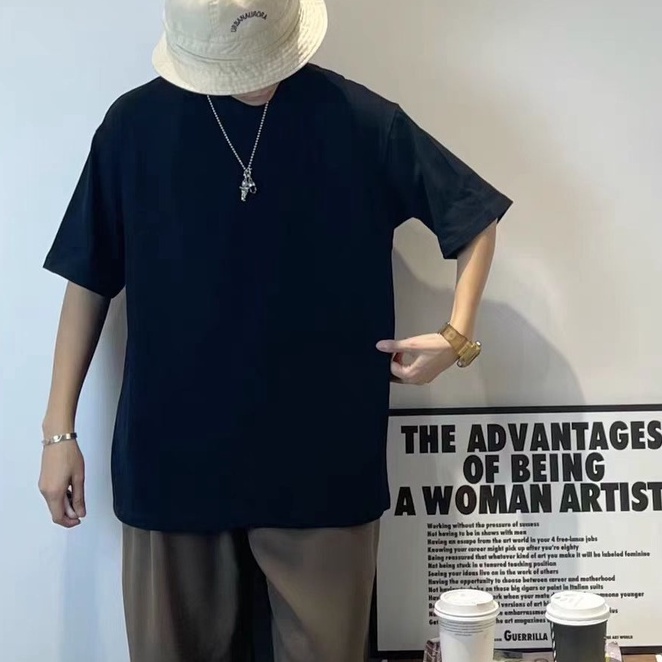 Áo len cổ lọ tay lửng dáng ôm thời trang xuân thu mới áo thun nam tay lỡ  áo phông nam đen Mùa hè mới lỏng màu đen bình thường