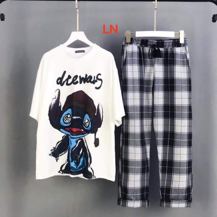 Set áo phông họa tiết chó và quần caro