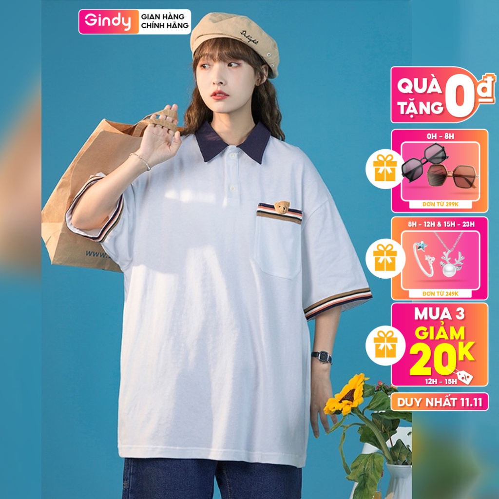 Áo phông polo nữ GINDY họa tiết tay lỡ kẻ túi gấu cổ bẻ vải cotton form rộng unisex A8106